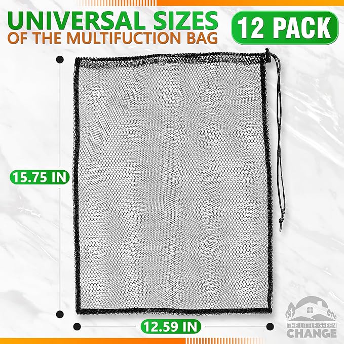 12 Pcs Mesh Laundry Bags Drawstring, 12.6x15.5 In, Reusable, Nylon (Black) | Mesh Bags Drawstring; Breathable; Washable, Quick-Drying; for Swimwear, Delicates, Sports Gear, Towels, Travel Use