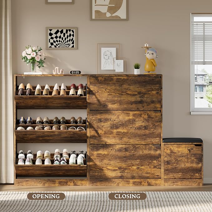 BORNOON Shoe Cabinet with Bench and 3 Flip Drawers, Slim Narrow Shoe Storage Cabinet, Freestanding Shoe Rack Organizer with Adjustable & Removable Shelves, Anti-Tip for Entryway, Hallway, Foyer
