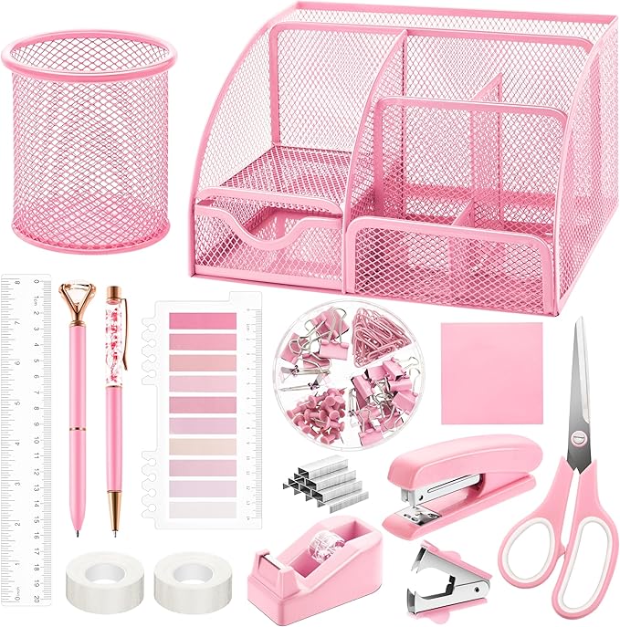 Fayoo 11 Pcs Pink Office Supplies Set Mesh Desk Organizer Accessories Kit include Stapler Tape Dispenser Staple Remover Clips Ruler Scissors Sticky Notes for Office School Home Women (Pink)