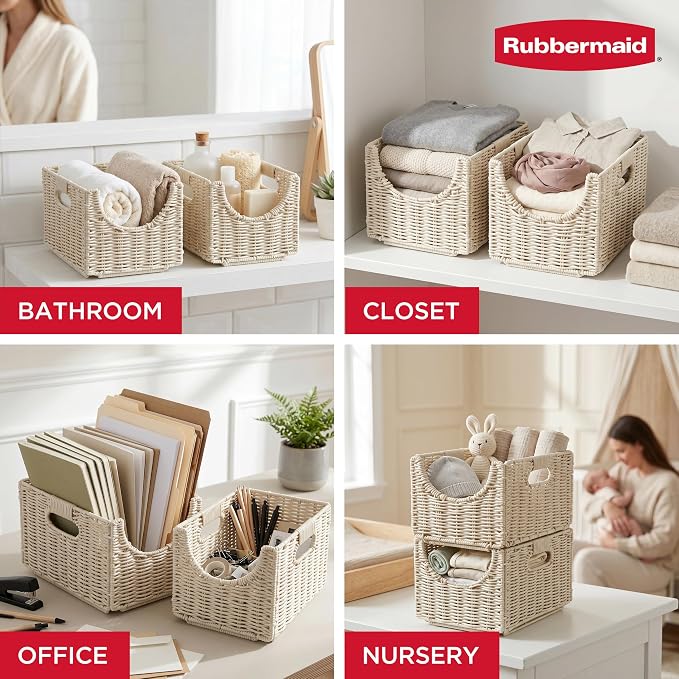 Rubbermaid Woven Storage Baskets - Set of 2 Stackable and Collapsible Bins with Handles, Small Resin Rattan Organizers for Shelves, Closet, Bathroom, Bedroom, 11.5” x 8”, Ivory