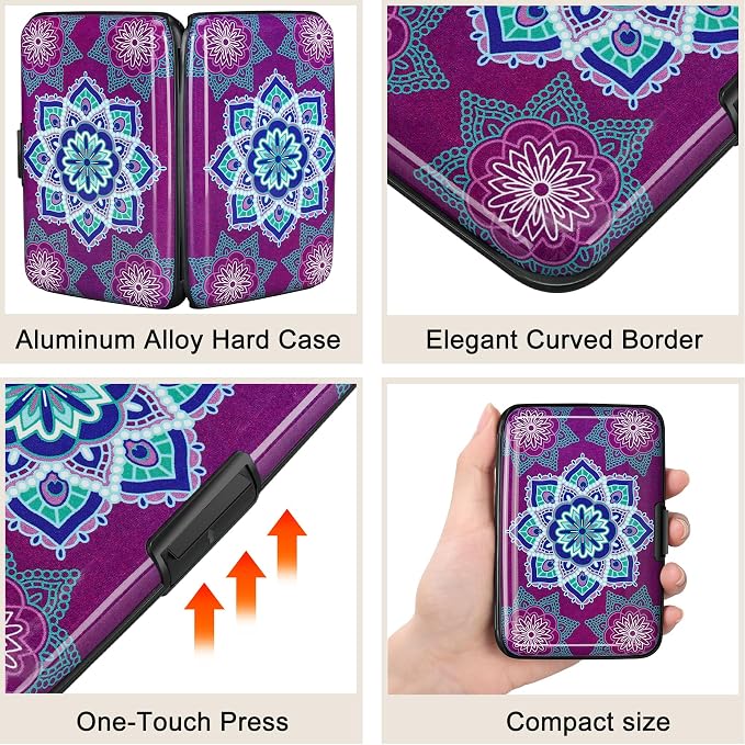 ELFISH Mini RFID Aluminum Wallet Credit Cards Holder Business Card Case Metal ID Case for Men Women (Purple flower)