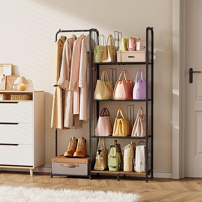 Honkazita 4-Tier Purse Storage for Closet with Adjustable Feet & Dividers, High Capacity Closet Purse Organizer for Small Place Iron & Wood Handbag Storage - Purse Organizer for Closet & Narrow Spaces