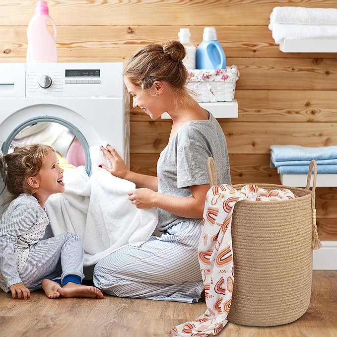 XUANGUO Rope Laundry Basket Laundry Hamper for Clothes Woven Storage Basket for Living Room Bedroom Boho Tall Rope Baskets for Blanket Toys Pillow Towels Baby Nursery Hamper Bin jute