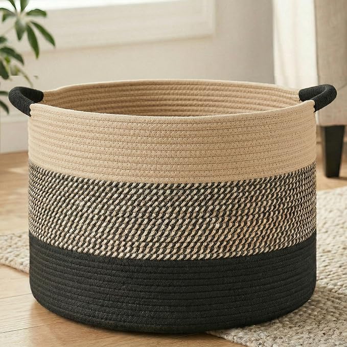 Artfeel 70L Large Cotton Rope Basket, Decorative Woven Blanket Storage for Living Room, Boho Toy Storage & Toy Box for Kids, Versatile Laundry Basket & Nursery Hamper for Blankets(BlackBrown)