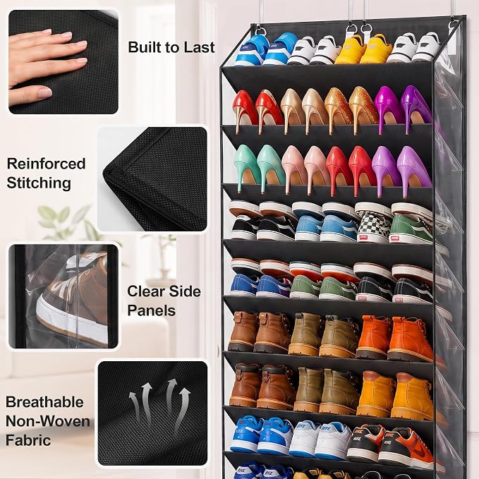 UVIAHOMI 30-40 Pairs Over the Door Shoe Organizer, Clear Pockets Hanging Shoe Storage for Closet, 10-Tier Door Shoes Rack, Handing Shoes Holder Fit All the Family's Sneakers, Boots, Heels, Black