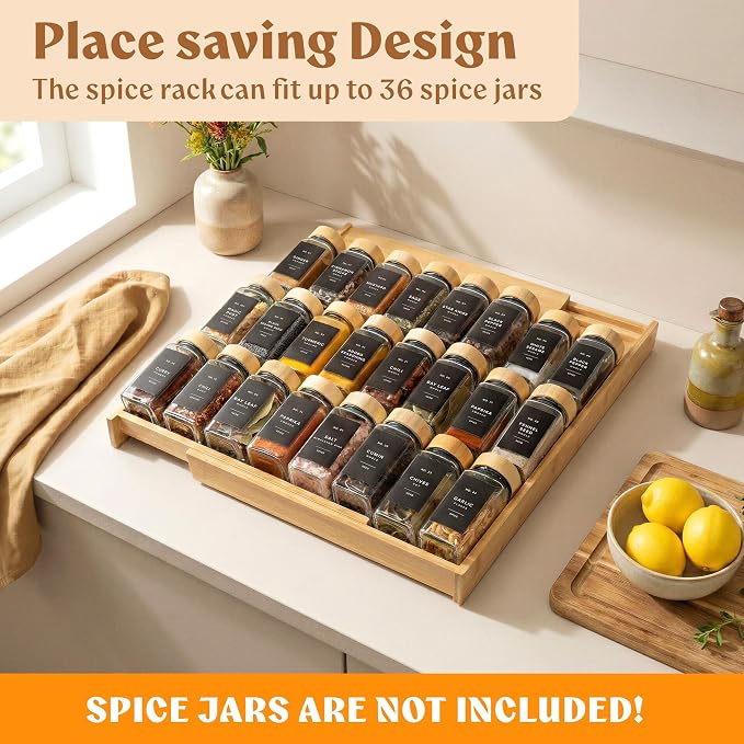 EDELHAUS Bamboo Spice Drawer Organizer - Expandable 4 Tier Spice Rack (Need 3" Deep Drawer) 12" to 24" Wide, Seasoning Organizer, Organization Seasoning Rack insert (Jars Not Included)