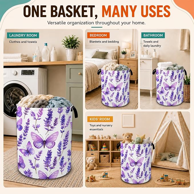 Lavender Laundry Basket with Handles,Purple Butterfly Foldable Oxford Laundry Hamper,Collapsible Clothes Storage Basket for Laundry Room/Bathroom/Bedroom/Dormitories 20.8 x 16 Inches