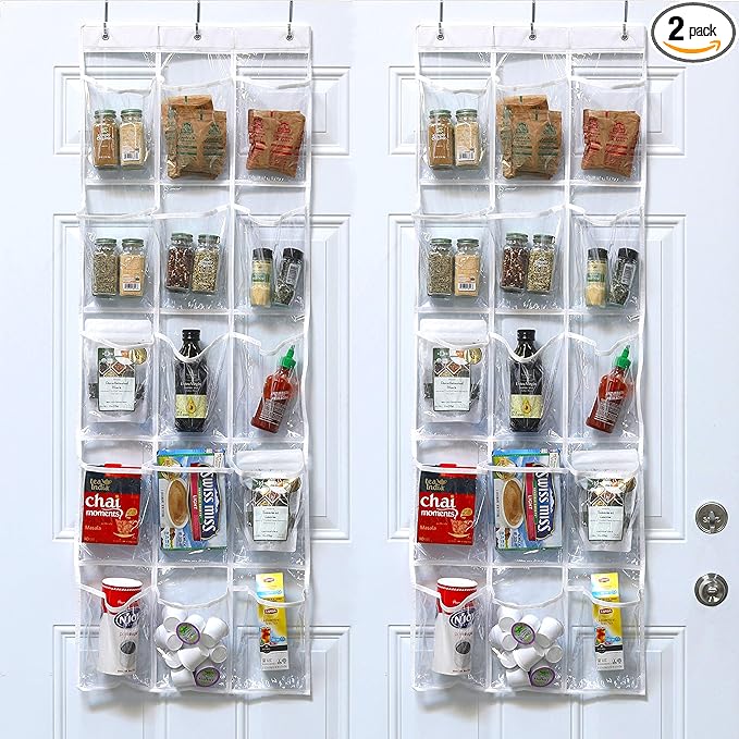 Simple Houseware 2-Pack Clear Over the Door Hanging Pantry Organizer (52" x 18") with 15 Pockets Each, Cabinet Hanging Storage for Kitchen