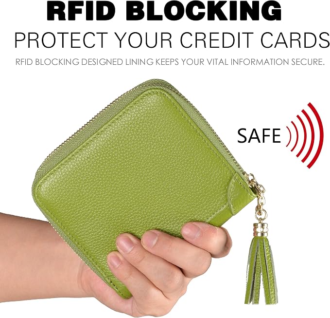 Easyoulife Womens Credit Card Holder Wallet Zip Leather Card Case RFID Blocking (Green)