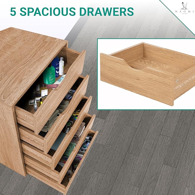 Naomi Home 5 Drawer Office Storage File Cabinet, Under Desk Cabinets for Organization Filing Cabinet with Wheels, Printer Stand Storage, 180 lbs Capacity - Natural (11398AM)