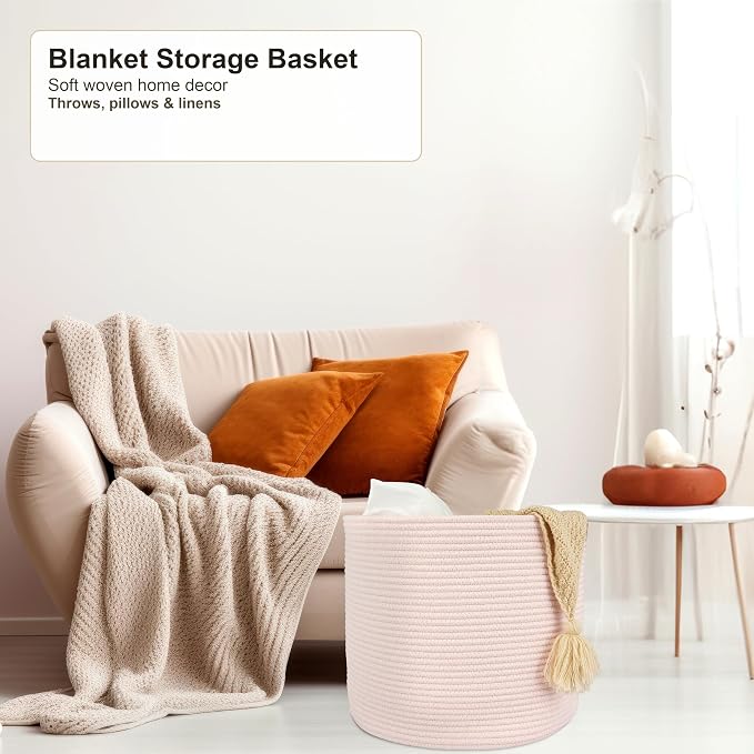 XUANGUO Cotton Rope Woven Basket, 16x14 in Kids Laundry Basket, pink | Round blanket basket and small laundry basket; baby hamper or nursery storage bin for girls, boys, toys, clothes and shoes