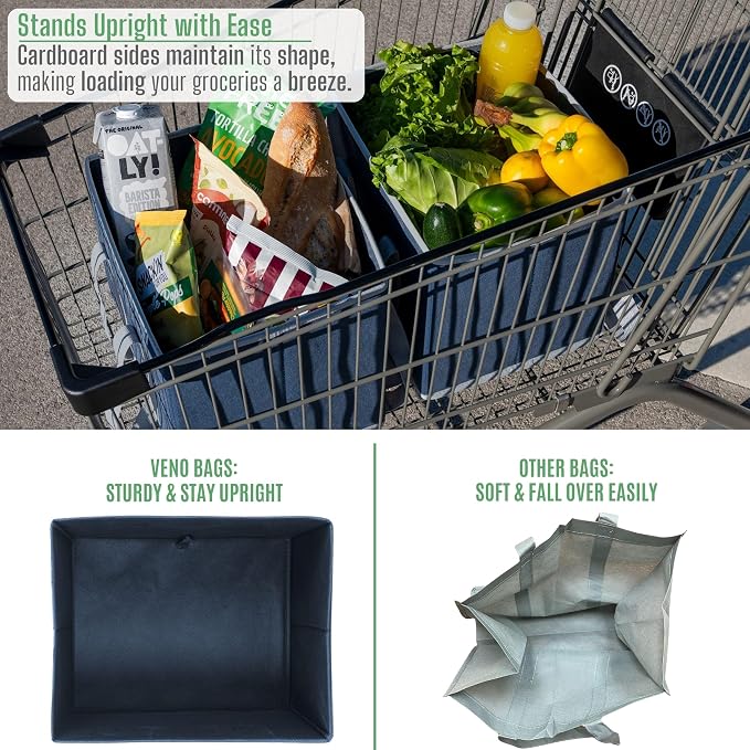 VENO 3 Pack Reusable Grocery Bags, Shopping Bags for groceries, Utility Tote with Handles and Hard Bottom, Foldable Shopping Cart Organizer, Heavy-Duty (Dark Blue, 6 Gallon-3 Pack)