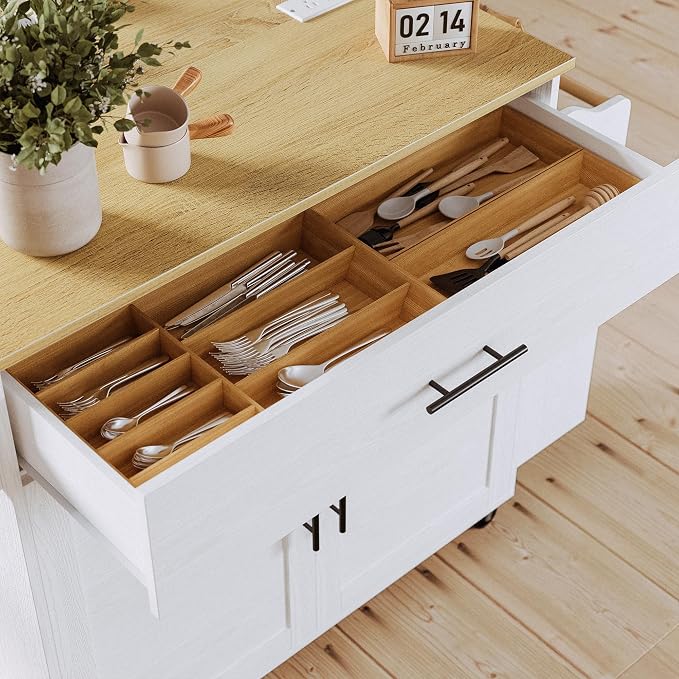 IRONCK Kitchen Island with Storage, Charging Station and Drop Leaf, White | Wheels, Drawers, Open Shelves, Drawer Storage, Everyday Home Use