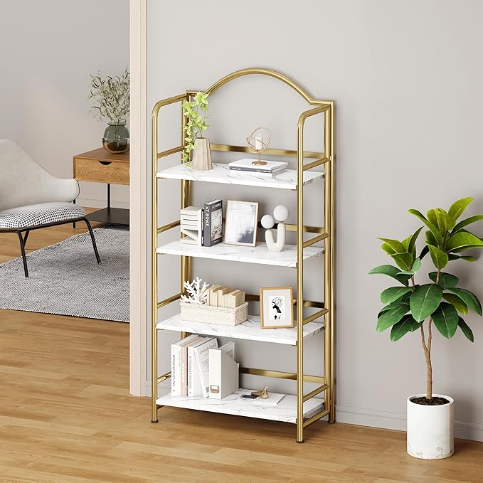 Gold Folding Bookshelf 4 Tiers, No Assembly,Vintage Storage Rack,White&Gold | Vintage Bookcase Multifunctional Plant Flower Stand, Storage Shelves Organizer for Home Office,Living Room,Dorm