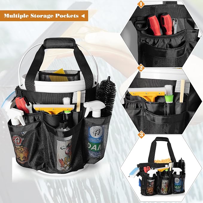 HODRANT 5 Gallon Bucket Organizer with Anti-fall Hooks & Buckle | Car Wash Bucket Caddy with Mesh Pockets, 5 Gallon Cleaning Tools Bag for Home, Auto, Garden & Fishing