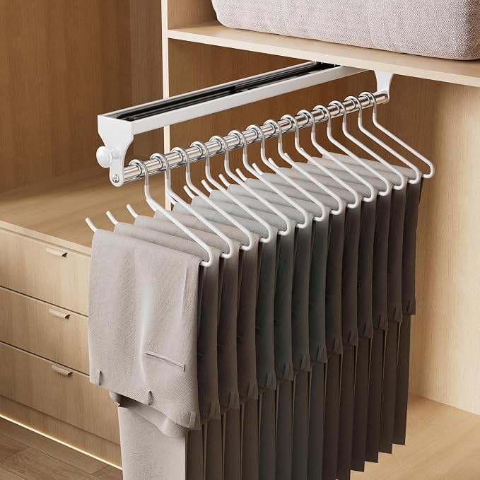 2 Pack Pull Out Closet Rod, 15.7inch Heavy Duty Pants Rack, Adjustable Clothes Hanger Rail, Space Aluminum Valet Rod, Top Mounted Wardrobe Clothes Organizer, Closet Storage for Trousers Coats White