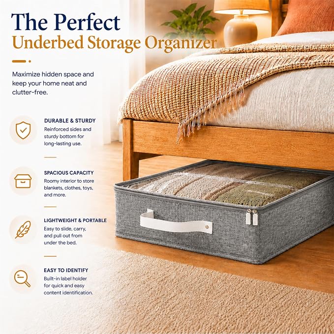 HOMELUX THEORY 2pc Under Bed Storage Containers, Bedroom Under the Bed Drawer Storage Organizer with Bins and Lids, Medium Underbed Clothes Storage Box Ideal for Blanket, Fabric, & Shoes (LightGray)