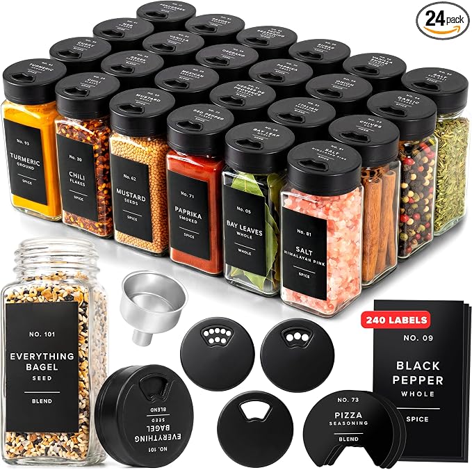 EDELHAUS Glass Spice Jars with Label and Black Sprinkle Lids (24 x 4oz) | Airtight Lids keep spices fresh, Kitchen Spice Drawer Organizer, 4oz Seasoning Containers incl. Funnel, Brush & 240 Labels