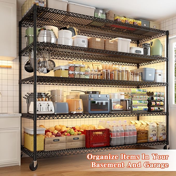 REIBII 3200LBS Storage Shelves Wire Shelving with Wheels,Adjustable Garage Shelving Heavy Duty Steel Metal Shelving Unit Shelf Rack for Warehouses,Garage,Kitchen,School,Commercial,73" H X 60”W X 18" D