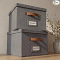 ZICOTO Decorative File Organizer Box Set of 2 - Collapsible Linen Filing Cabinets w/Handles Are Perfect to Store all Your Documents & Hanging File Folders - Portable Easy Slide Crates with Lid