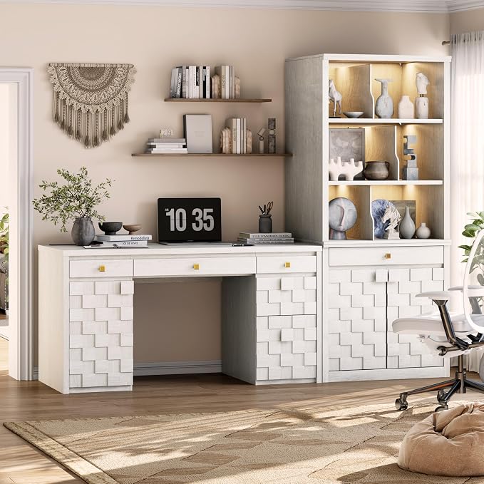 58" Executive Desk with Drawers, Home Office Desk with Charging Station & Keyboard Tray, Wood Office Desk with File Drawer & Storage Cabinet, Modern Computer Writing Desk with Adjustable Shelf, White
