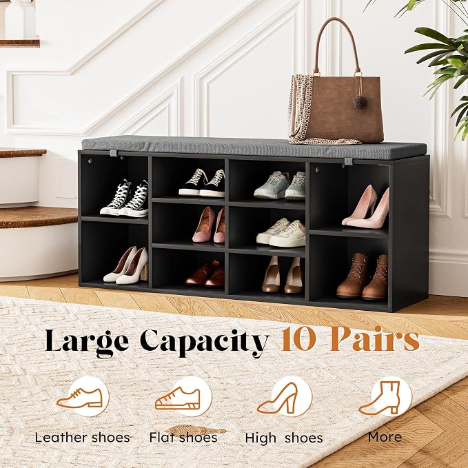 Shoe Storage Bench with Cushion, 41'' Long Entryway Bench with 10 Compartments Shoe Rack, Multifunctional Cubby Storage Organizer for Living Room, Hallway, Bedroom and Closet, Black