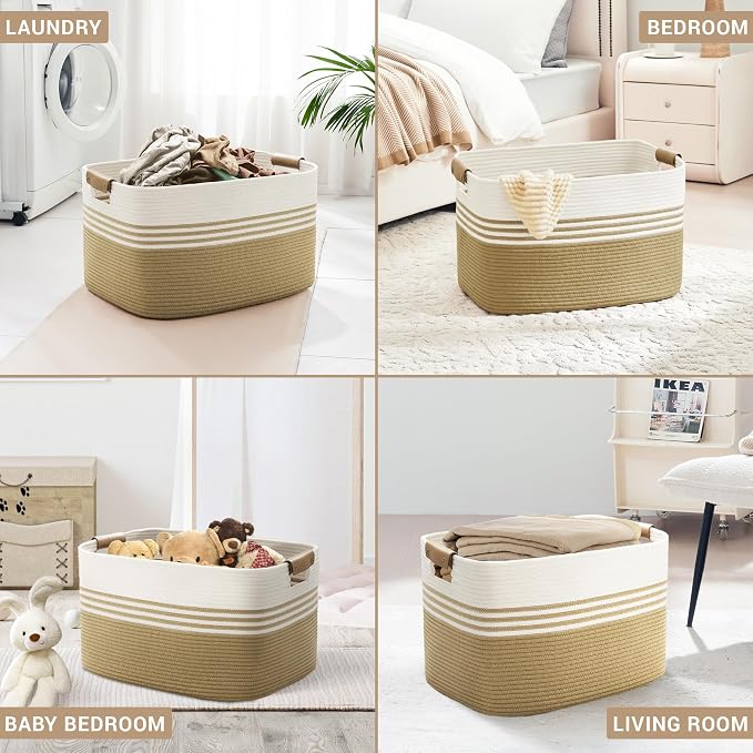 86L Large Woven Laundry Basket Hamper with Leather Handles,Khaki | 24"x16"x14", collapsible wicker hamper, storage for dirty clothes, toys, blankets, gifts, living room, bedroom, bathroom