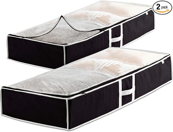 Zober Under Bed Storage - Pack of 2 Storage Containers for Clothes, Blankets, Winter Clothing, & Shoes - With Handles, Dual Zippers, & Clear Top (Black)