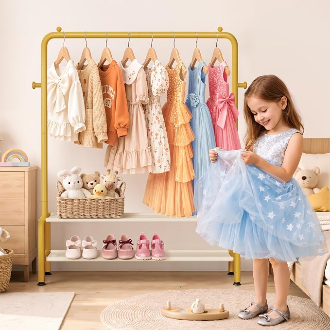 Kids Gold Clothing Rack - Dress Up Clothes Rack - Baby Toddler Closet - Freestanding Coat Racks with 2 Fabric Shelves - Small Kids Costume Wardrobe - Garment Rack for Hanging Clothes Organizer