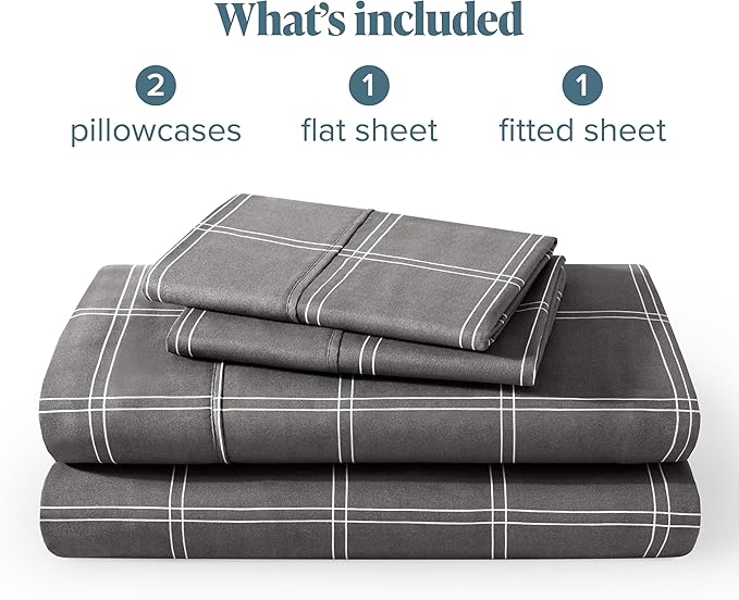 Bare Home Full Sheet Set - Luxury 1800 Ultra- Soft Double Brushed Microfiber - Deep Pockets - Easy Fit - 4 Piece Bedding Sheet Set (Full, Modern Plaid - Grey/White)