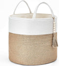 Mkono Woven Storage Basket Decorative Natural Rope Basket Wooden Bead Decoration for Blankets,Toys,Clothes,Shoes,Plant Organizer Bin with Handles Living Room Home, 16" Wx13.8 L, Cream White and Brown