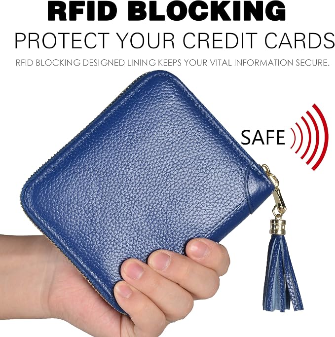 Easyoulife Womens Credit Card Holder Wallet Zip Leather Card Case RFID Blocking (Dark Blue)