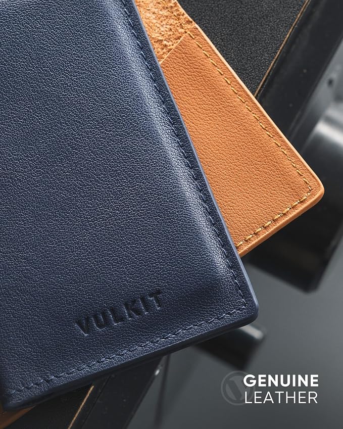 VULKIT Leather Business Card Holder 2 Sided Slim Business Name Card Organizer for Men or Women (Nappa Navy)
