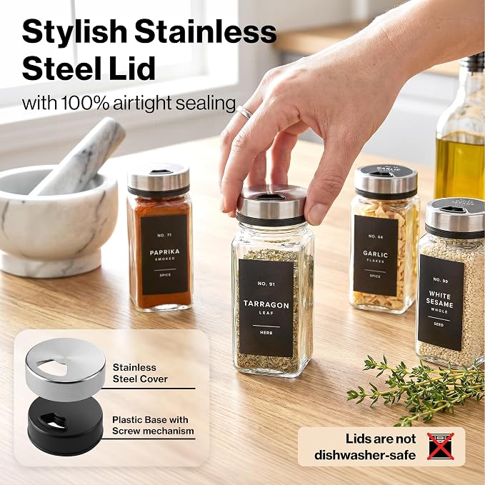 EDELHAUS Glass Spice Jars with Label and Silver Sprinkle Lids (24 x 4oz) | Airtight Lids keep spices fresh, Kitchen Spice Drawer Organizer, 4oz Seasoning Containers incl. Funnel, Brush & 240 Labels