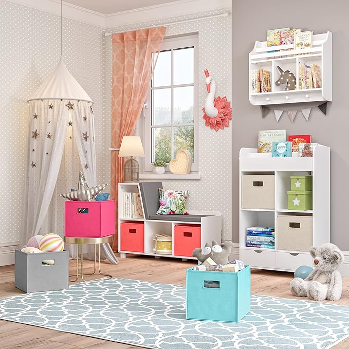 RiverRidge Kids Bookshelf with 3 Cubbies & Hooks - Book Nook Wall Bookshelf for Kids' Rooms Storage Display Rack for Toys and Games