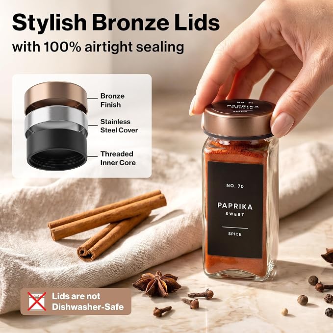 EDELHAUS Glass Spice Jars with Label, 24x Champagne Bronze Steel Lids | Airtight Lids keep spices fresh, Kitchen Spice Drawer Organizer, 4oz Seasoning Containers incl. Funnel, Brush & 240 Labels