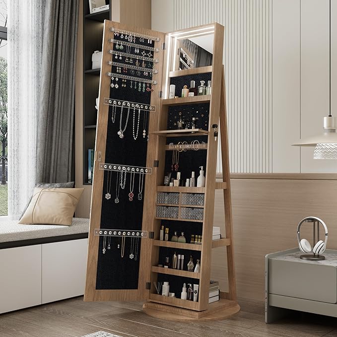 62" 360° Swivel Freestanding Storage Chest, Jewelry Cabinets with Interior Light, Utility Organizer with Lockable Design for Home Dressing, Walnut