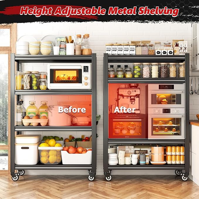 REIBII Rolling Storage Shelves Adjustable Shelf for Kitchen Office | 2080 LBS capacity,59.8" H x 31.5" W x 16.5" D,4 Tier,Black,Solid metal panels，360°wheels with lock,Boltless 10min assembly