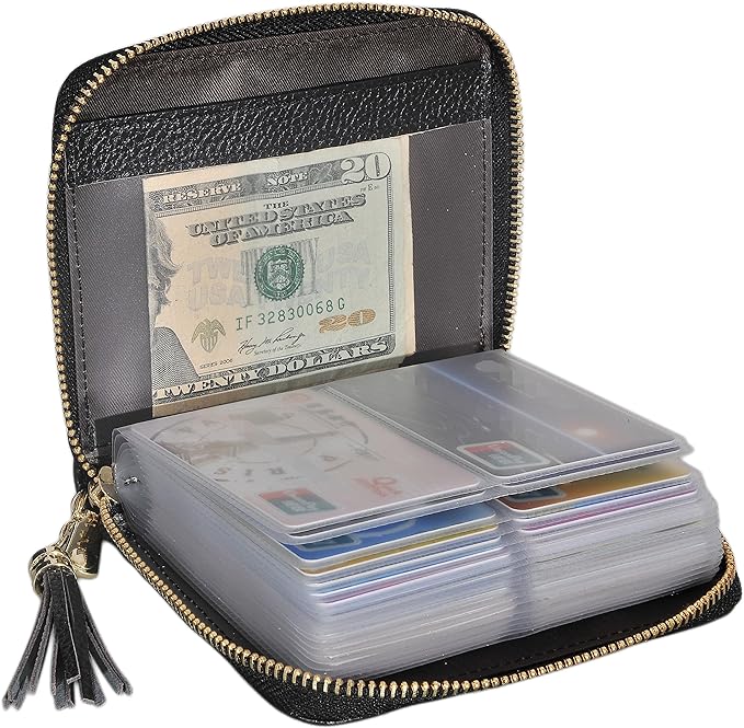 Easyoulife Womens Credit Card Holder Wallet Zip Leather Card Case RFID Blocking (Black)