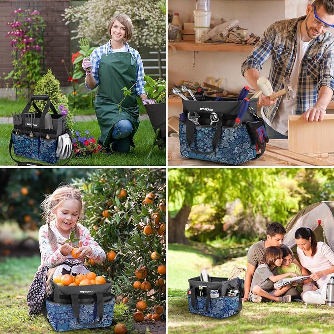 WORKPRO Garden Tool Bag, 10 Pockets and Shoulder Strap, Floral Blue | Heavy Duty Gardening Organizer Tote Bag Standable Garden Home Tool Kits Organizer (Tools are not Included)