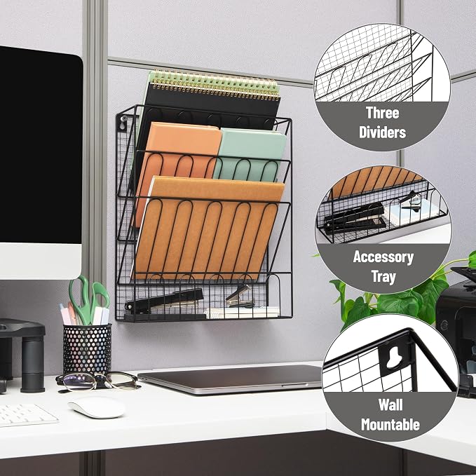 Mind Reader Metal Wire Desktop Organizer, Vertical File Holder, Hooks and Storage Tray, Wall Mount or Desktop, Metal, Black
