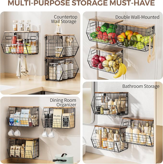 Delamu Stackable Metal Fruit Basket with Wood Lid 3 Pack, Hanging Wall Organizer for Kitchen Counter, Pantry Storage for Onions, Potatoes, Garli, Fruits, Spices, Black
