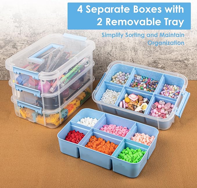 CraftGenes Art Supply Storage Organizer, 4-Tier 10 Qt Box, 2 Trays, Blue | Clear Compartments; Dual Removable Inserts; Carry Handle; Side Latches; Markers, Crayons, Brushes, Beads, Drawing Tools