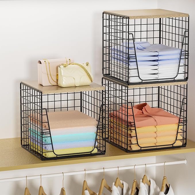 SWTYMIKI 3PCS Closet Organizers and Storage - Stackable Closet Basket with Wood Top Shelf, Clothes Storage Shelves, Clothes Drawer Bins for Wardrobe, Bedroom, Entryway, Black
