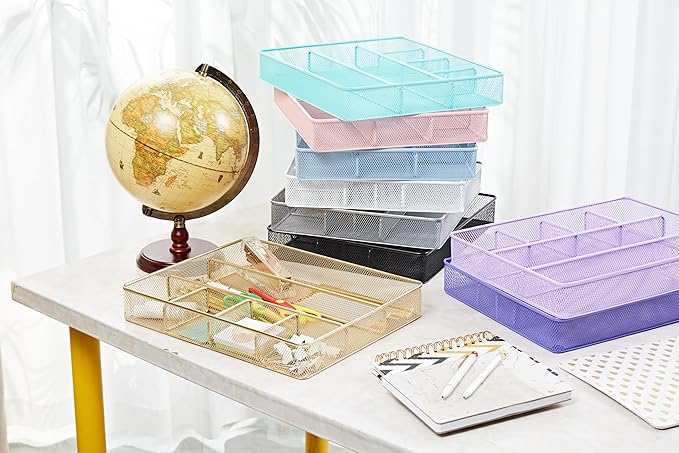 Annova Desk Top Organizer Tray for Office Organization - Metal Mesh - Storage Tray with Dividers for Pens, Desktop Accessories, Bathroom, Kitchen, Makeup and Office Supplies (Large, Purple)
