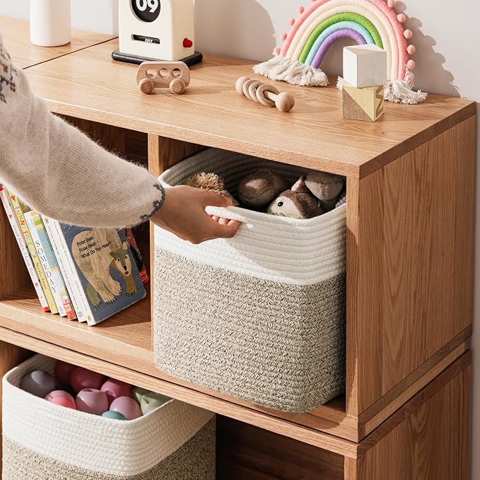 joybest 13inch Cube Storage Bins, Cotton Rope Woven Organizer Basket | Set of 4 Cube Bin Square Shelves Organizer Closet Storage, Nursery, Toy Organization, Brown&White