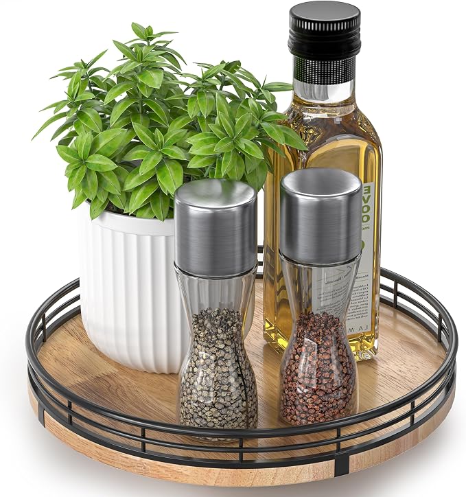 9" Oak Wood Lazy Susan Turntable Organizer for Cabinet, Round Wooden Farmhouse Lazy Susan Organization and Storage for Dining Table, Pantry, Kitchen, Countertop, Cupboard,Home Decor