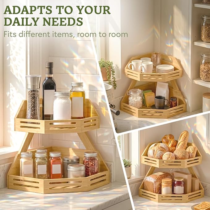 HOMESTEAD 2-Tier Bamboo Corner Shelf Organizer, Fruit Vegetable Produce Stand with Air Vents, Countertop Standing Rack for Kitchen, Bathroom, Corner Shelf Space Saver