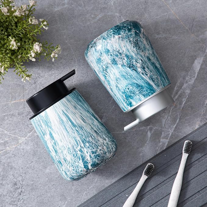 Enra Ceramic Foam Soap Dispenser, 12 oz Blue Foaming Soap Dispenser for Bathroom & Kitchen with Easy-to-Press Silver Pump（Blue Foam Type）