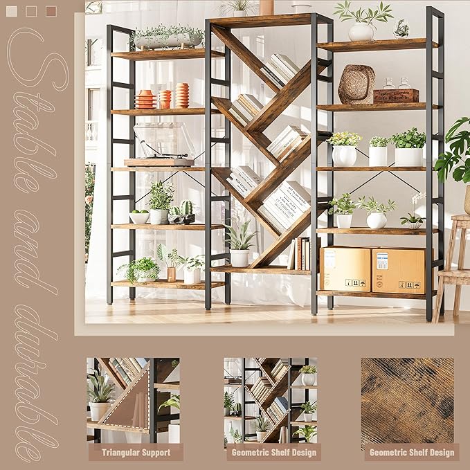 INNOD 70x70 Triple 5 Tier Book Shelf, Large Wooden Bookcase with 17 Open Display Shelf, Modern Tree Bookshelf Metal Frame Tall Book Case Furniture for Living Room Bedroom Home Office Rustic Brown